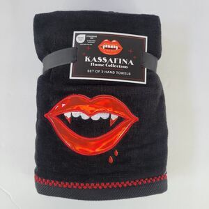 Set of  2 Vampire Shiny Lips Fangs Black Hand Towels Red Blood Halloween Gothic